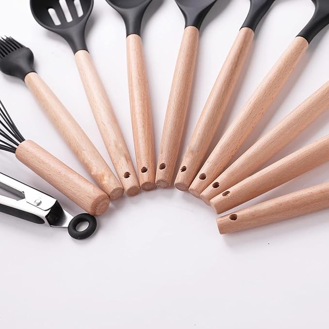 Silicone Spatula 12-Piece Set with Wooden Handle - Non-Stick, Flexible Kitchen Utensils (Black)