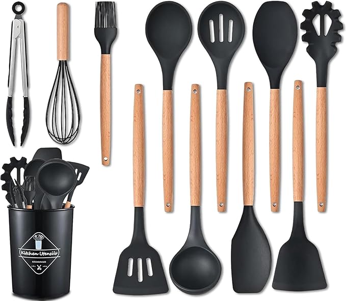 Silicone Spatula 12-Piece Set with Wooden Handle - Non-Stick, Flexible Kitchen Utensils (Black)